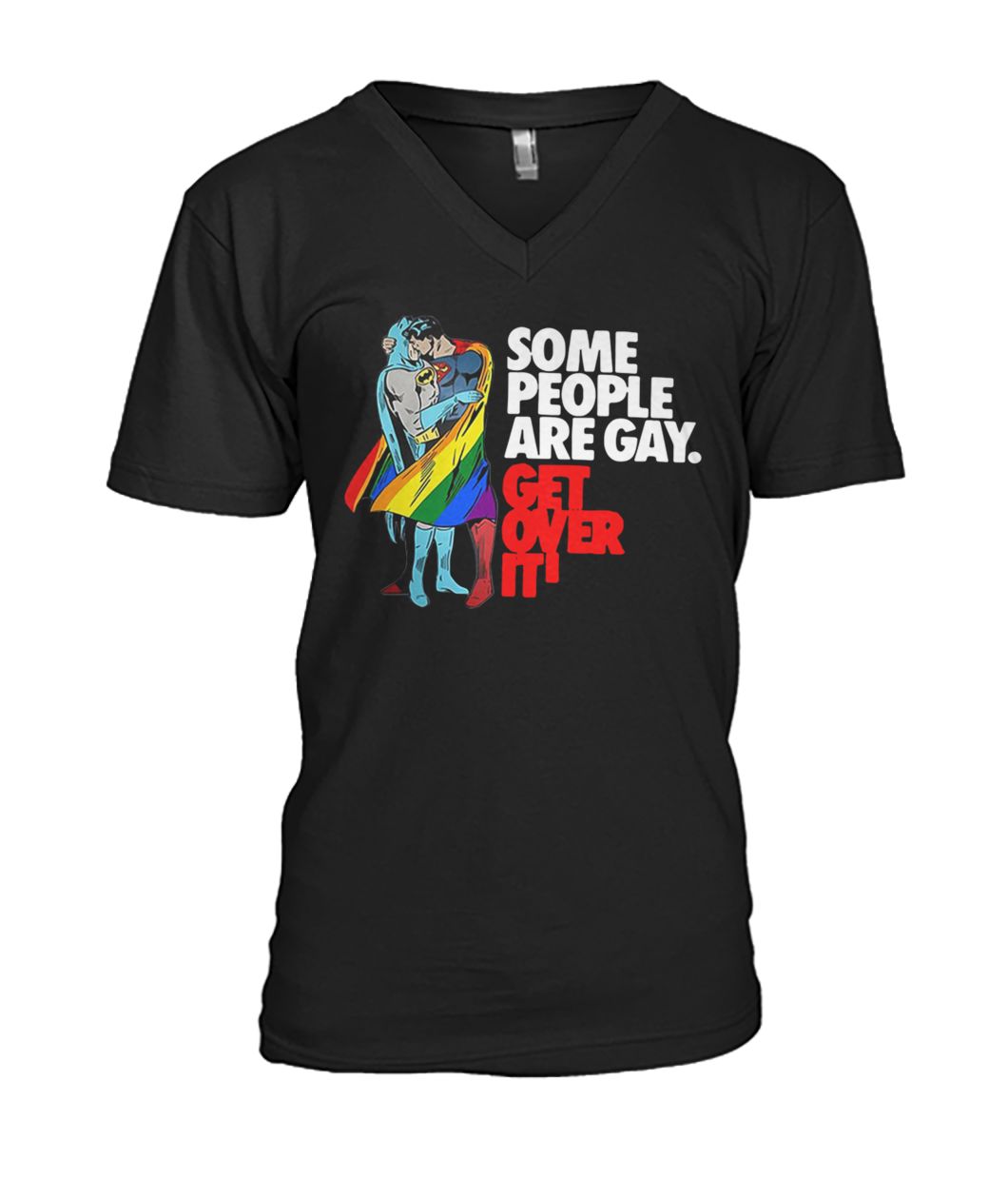 LGBT superman and batman kiss some people are gay get over it mens v-neck