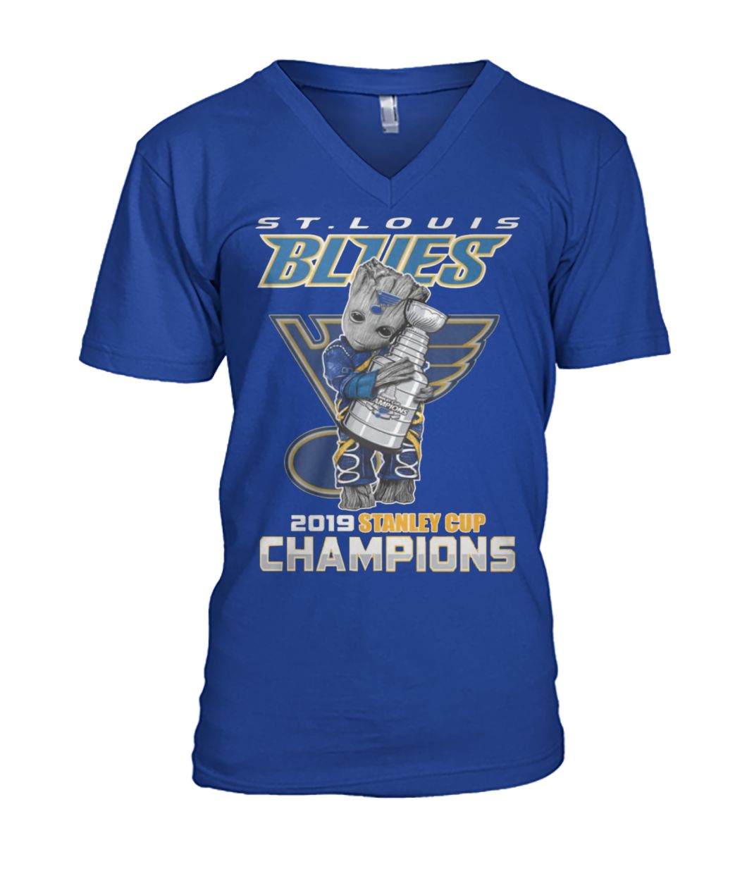 St louis blues 2019 baby groot hugs stanley cup champions mens v-neck
