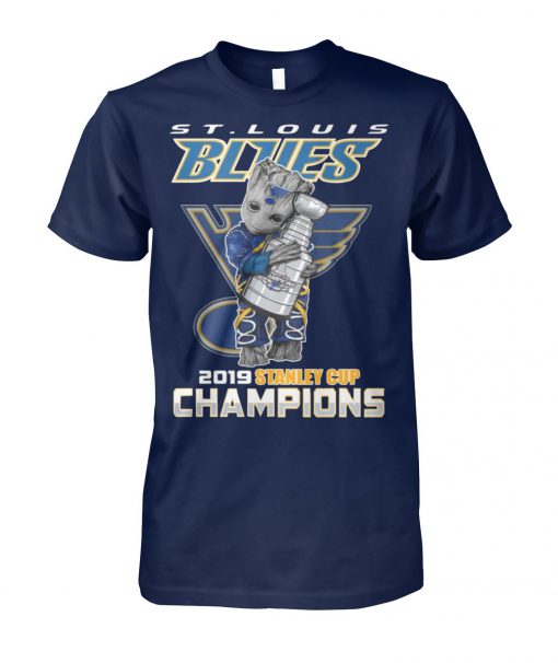 St louis blues 2019 baby groot hugs stanley cup champions unisex cotton tee
