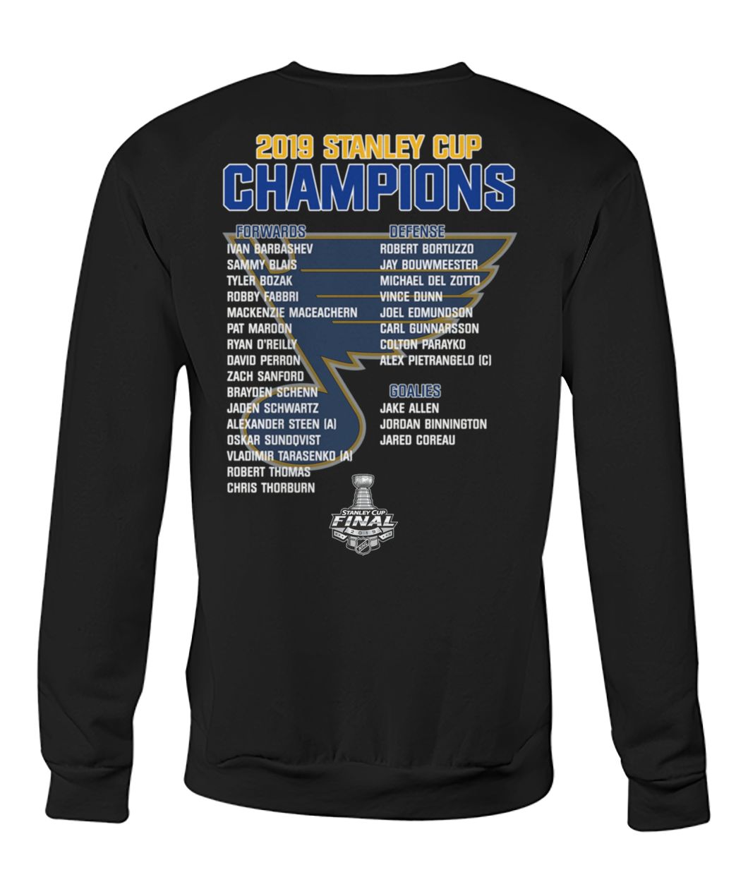 St louis blues 2019 stanley cup champions team names crew neck sweatshirt