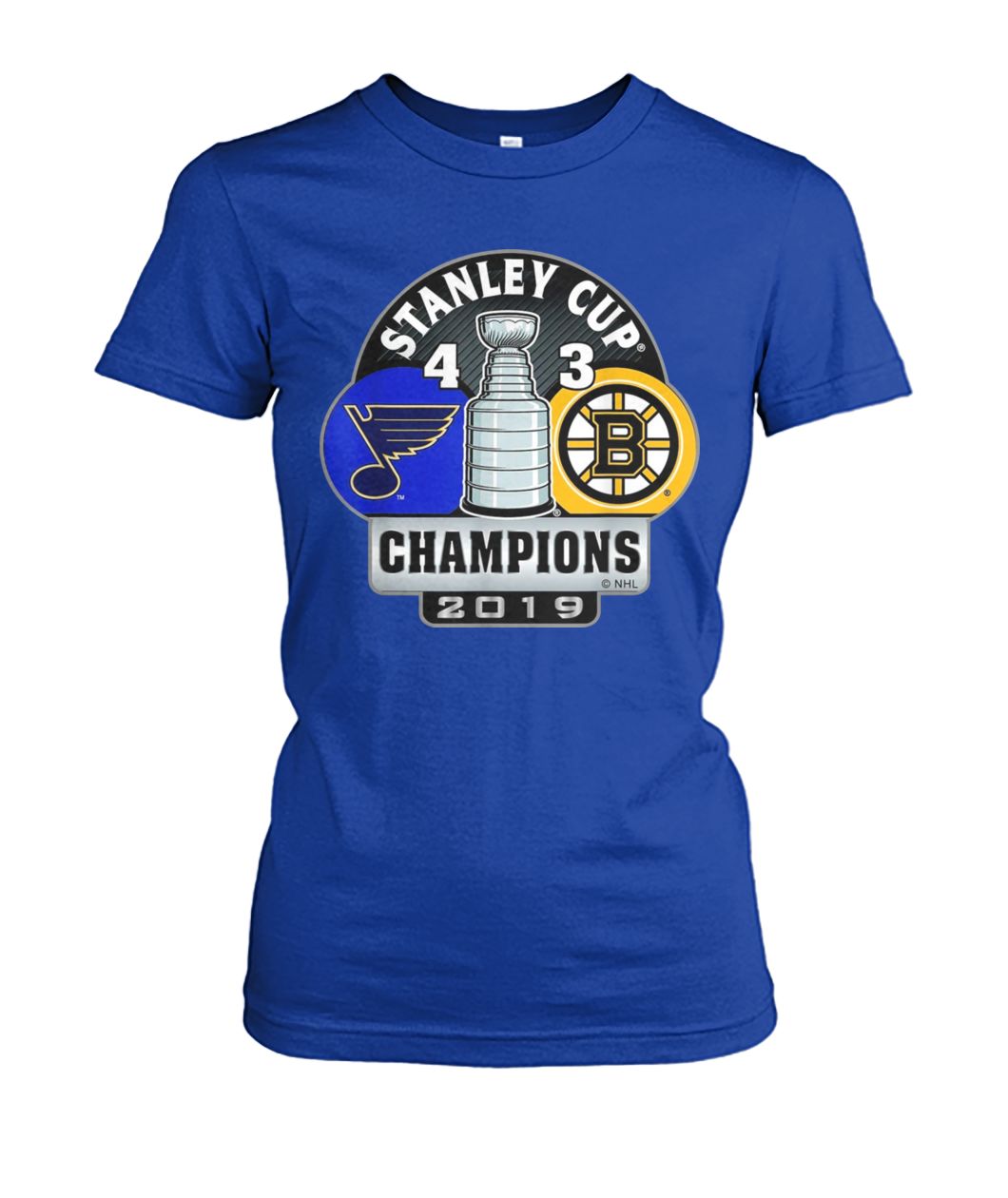 Stanley cup champions st louis blues 4 3 boston bruins 2019 women's crew tee