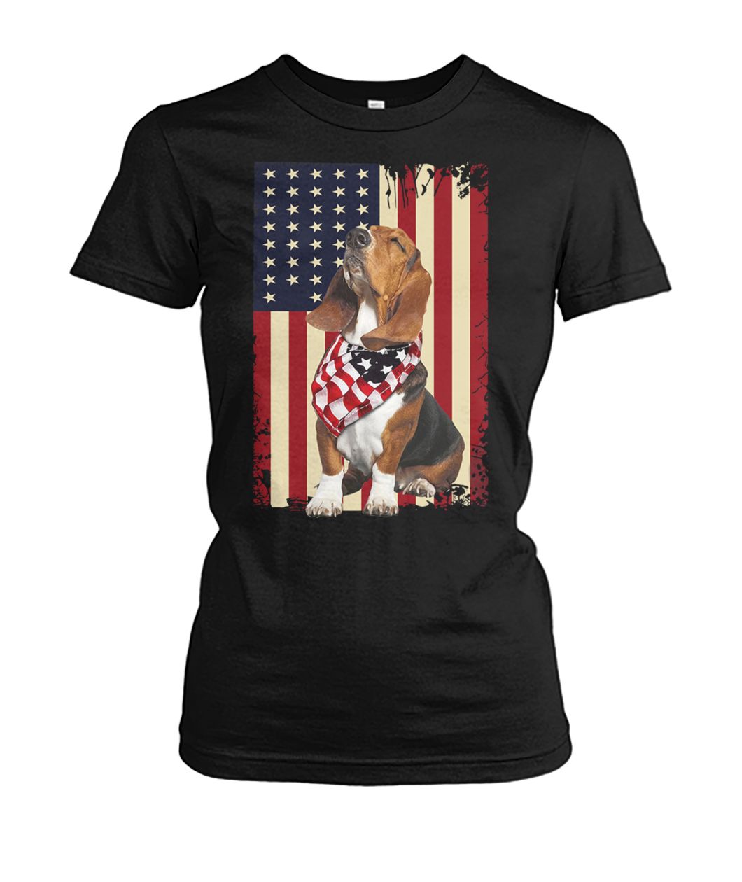 USA patriotic dog basset hound american flag women's crew tee