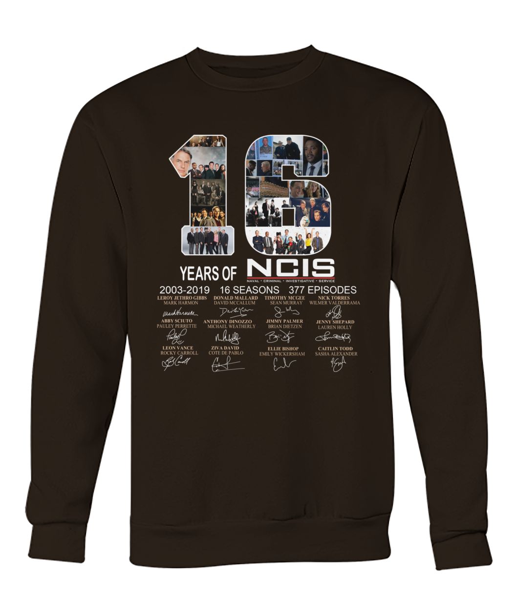 16 years of ncis 2003-2019 16 seasons 377 episodes signatures crew neck sweatshirt