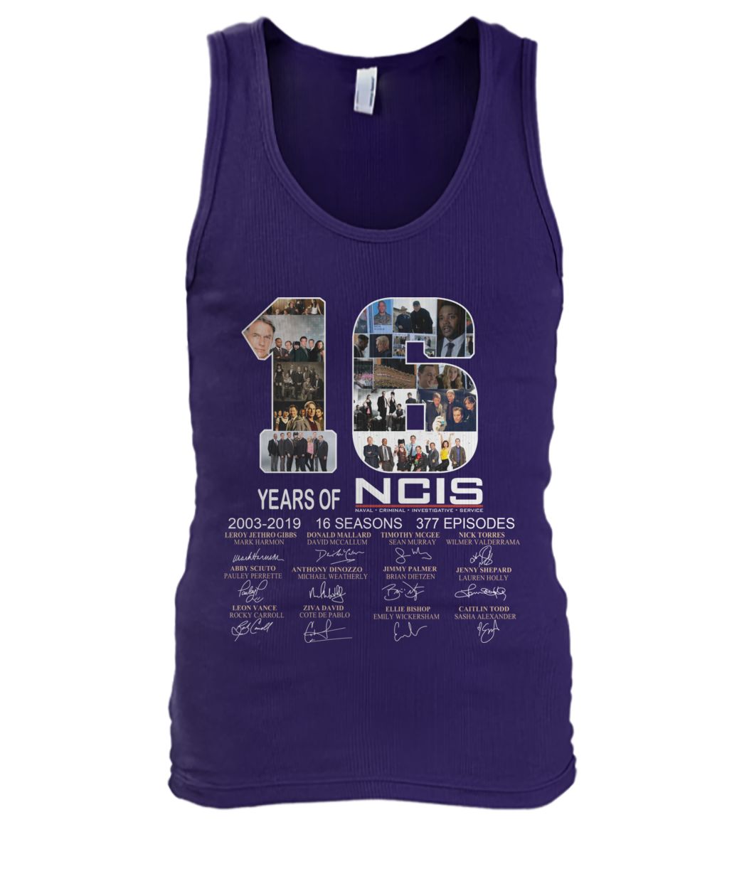 16 years of ncis 2003-2019 16 seasons 377 episodes signatures men's tank top