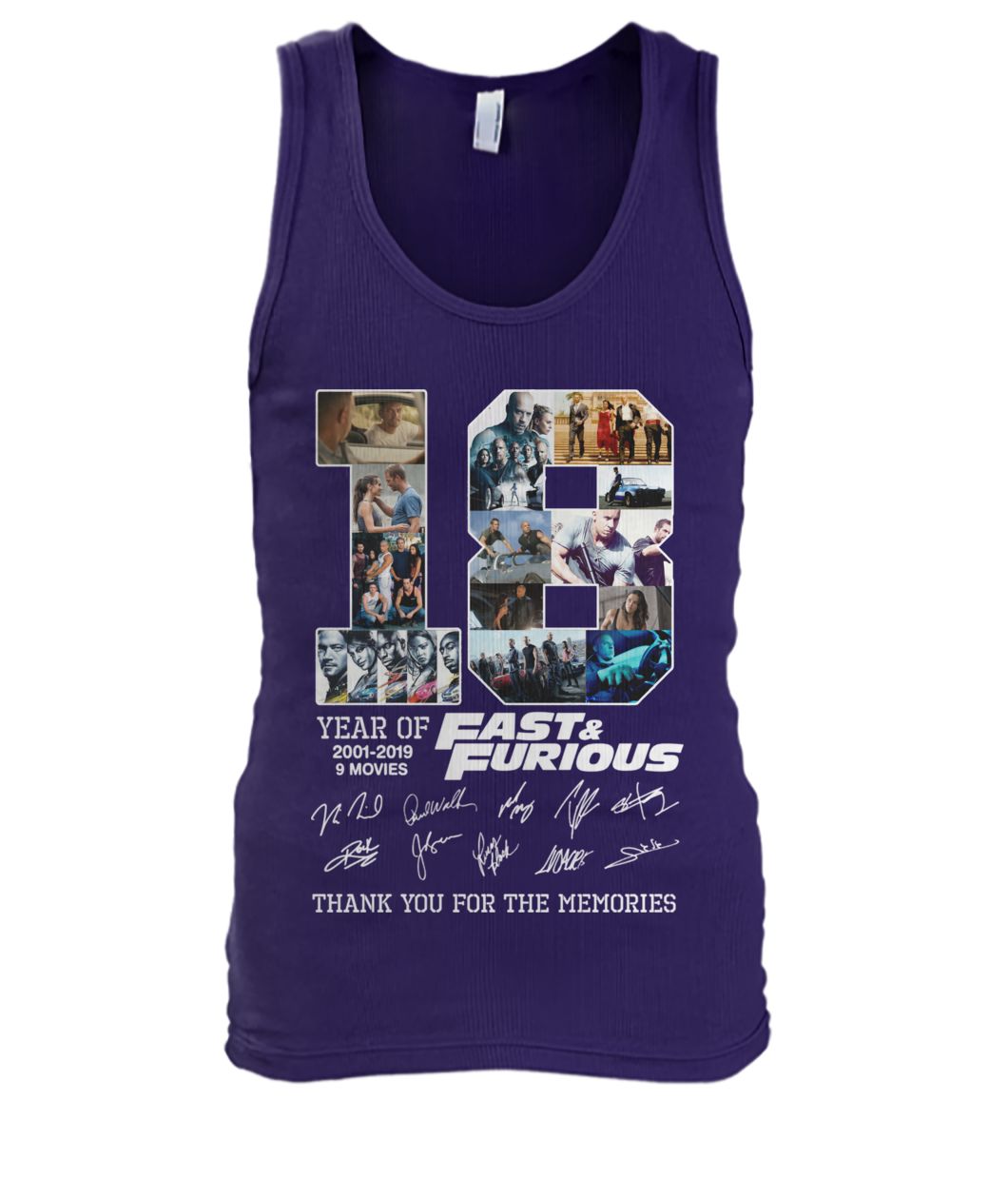 18 years of fast and furious 2001 2019 9 films signatures men's tank top