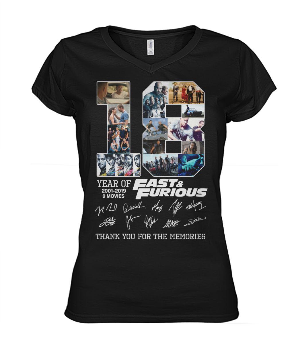 18 years of fast and furious 2001 2019 9 films signatures women's v-neck