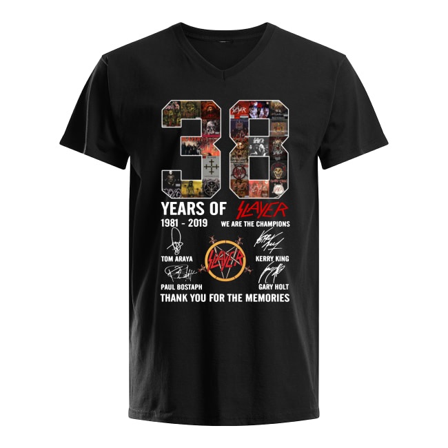 38 years of slayer 1981-2019 we are the champions signatures thank you for the memories men's v-neck