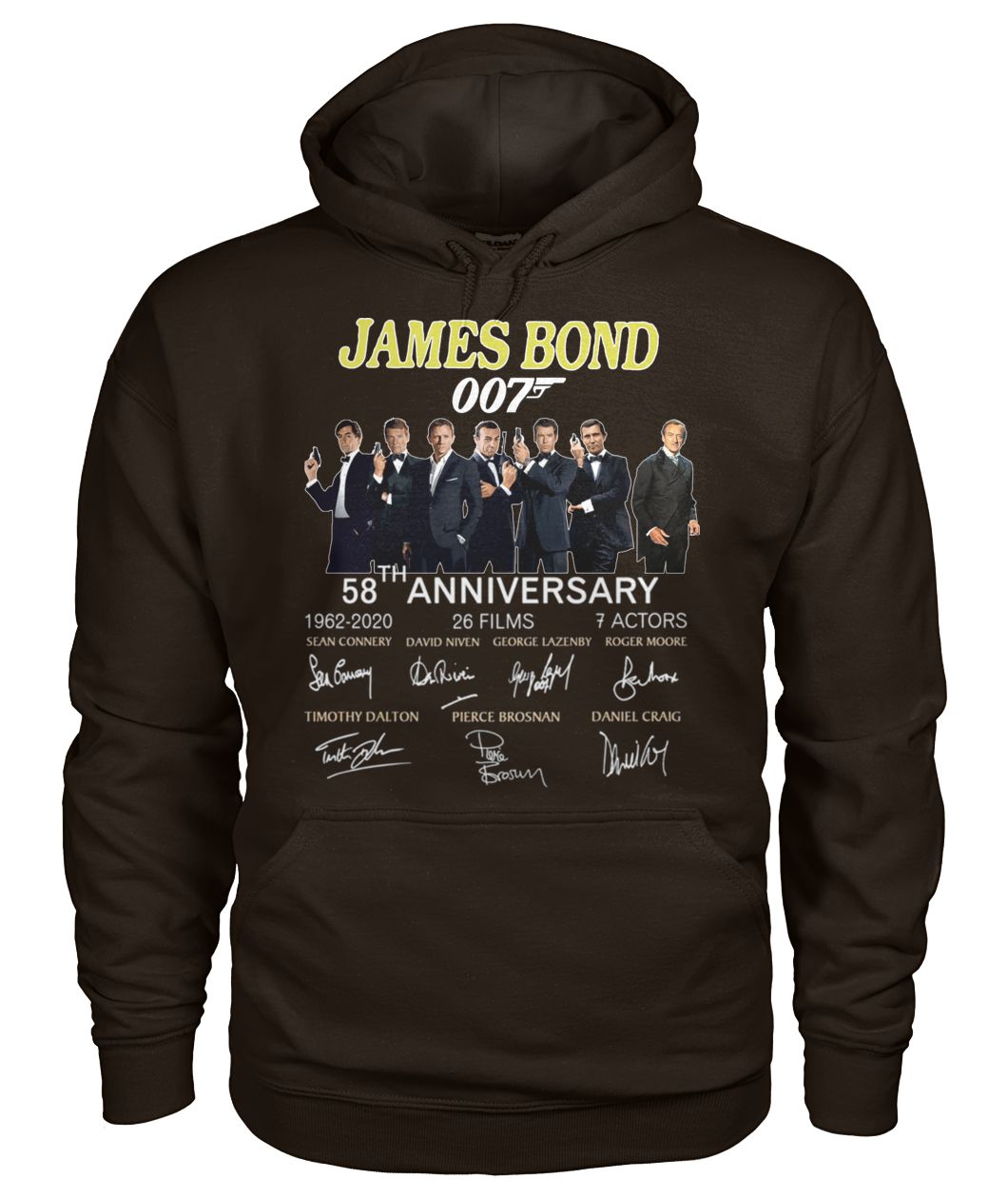 58th anniversary james bond 007 1962-2020 26 films 7 actors signatures gildan hoodie