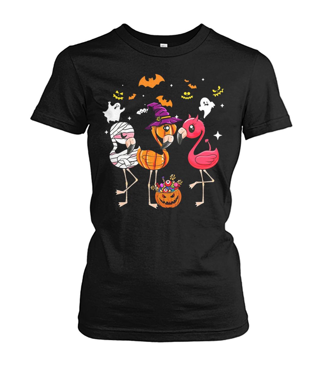 Flamingo halloween pumpkin witch ghost women's crew tee