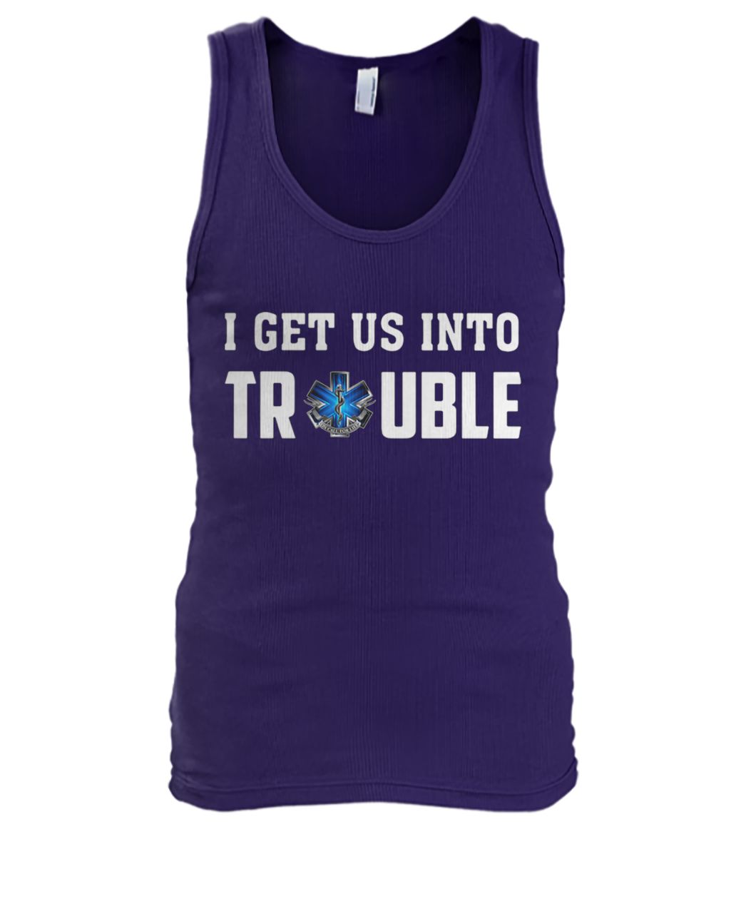 I get us into trouble on call for life blue snake men's tank top