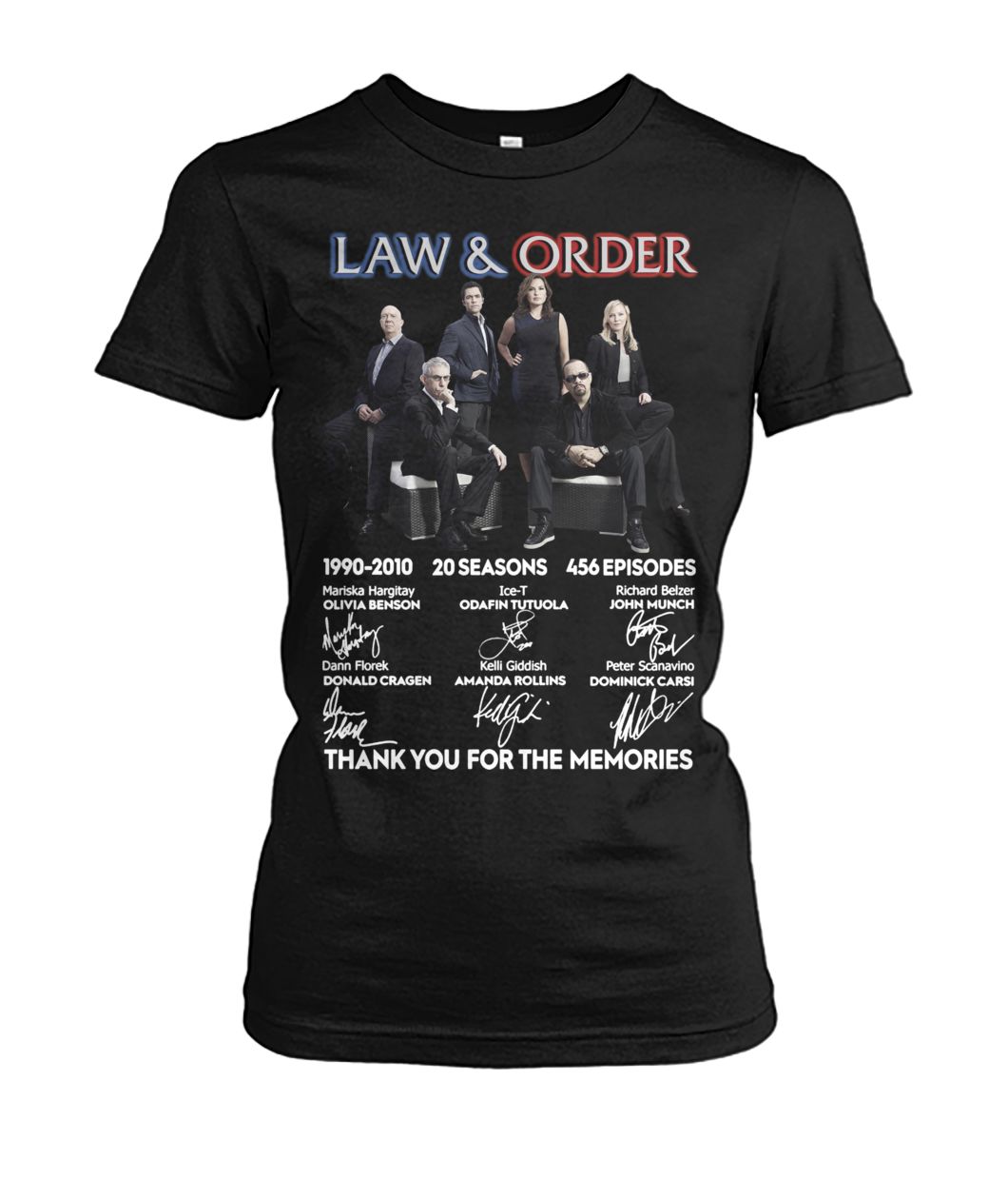 Law and order tv show 1990 2010 20 seasons 456 episodes thank you for memories signatures women's crew tee