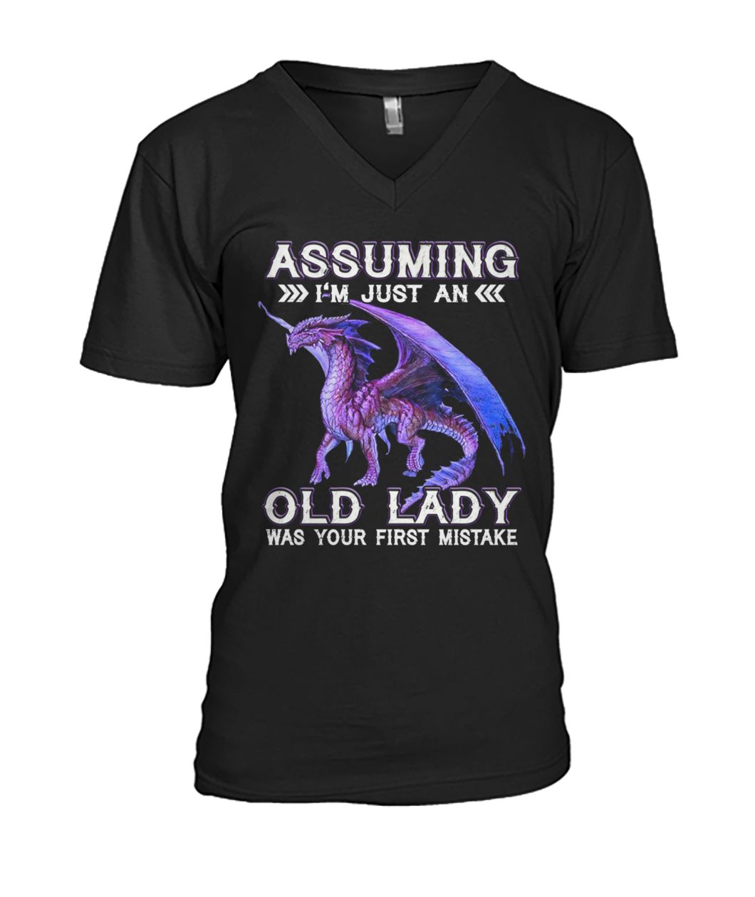 Purple dragon assuming I'm just an old lady was your first mistake mens v-neck