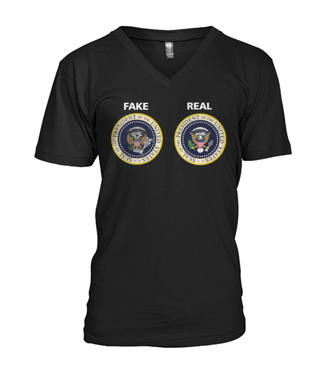 Real and fake presidential seal men's v-neck