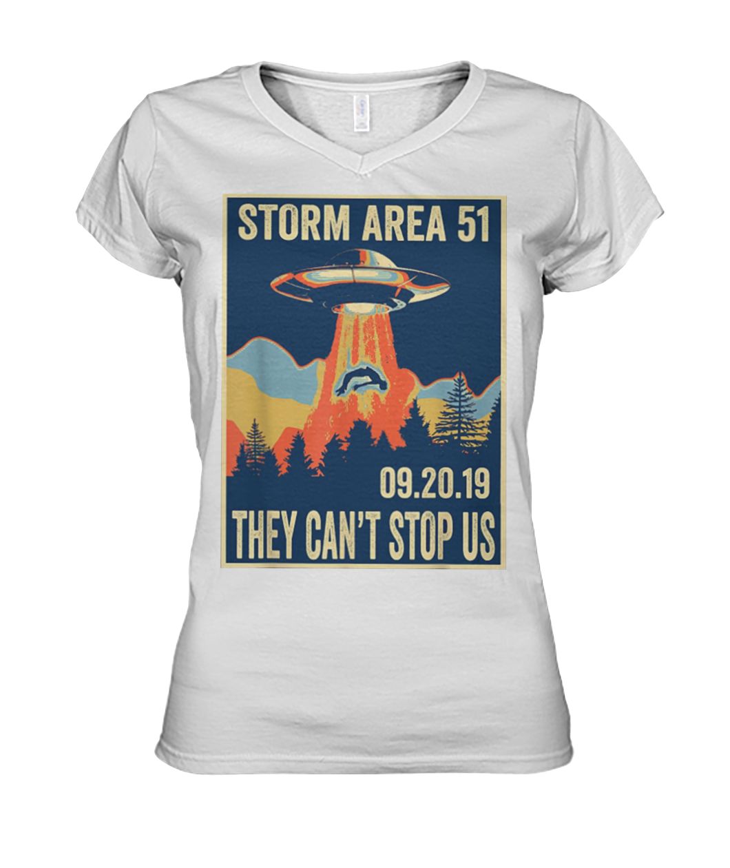 Storm area 51 alien ufo they can't stop us vintage poster women's v-neck