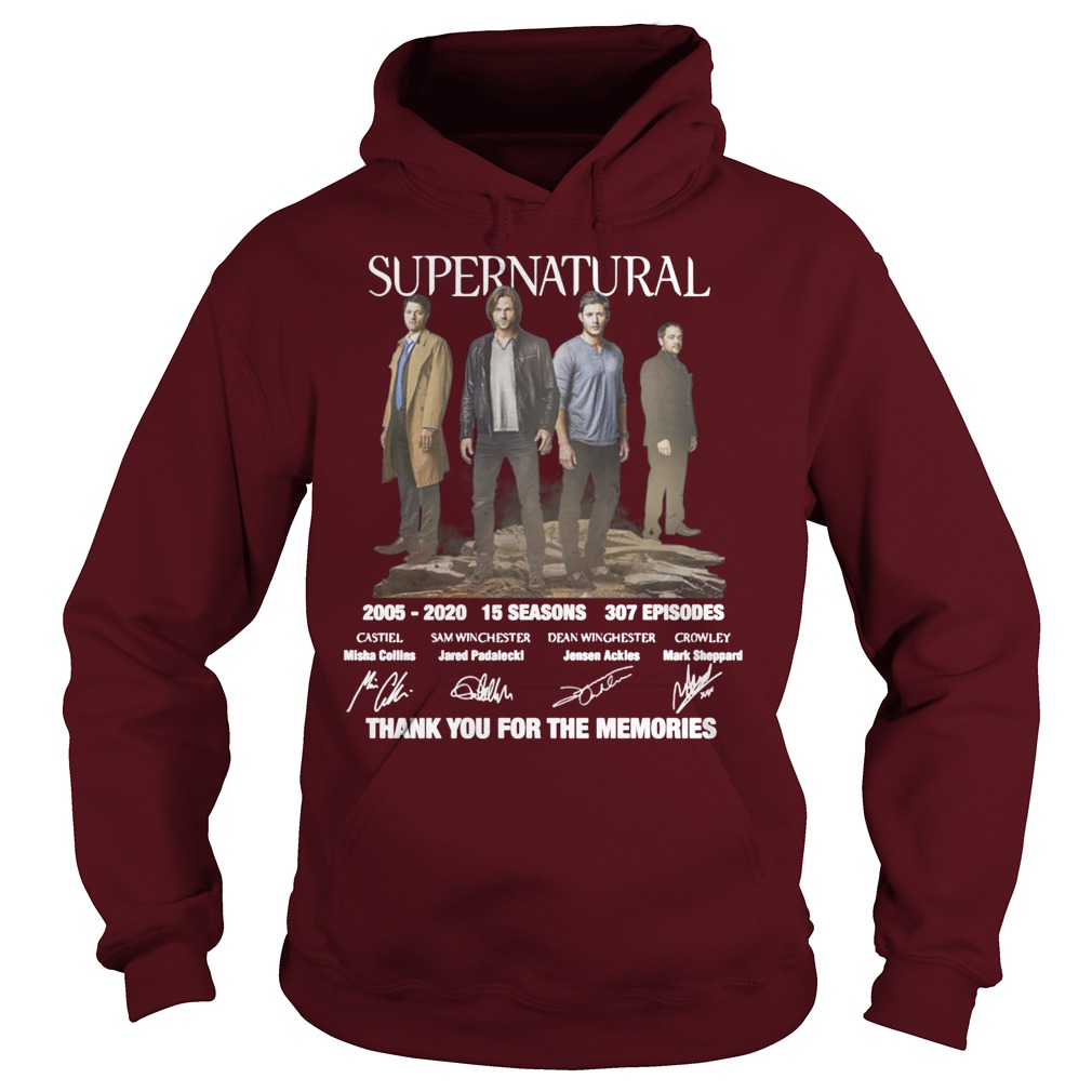 Supernatural 2005-2020 15 seasons 307 episodes signatures thank you for the memories hoodie