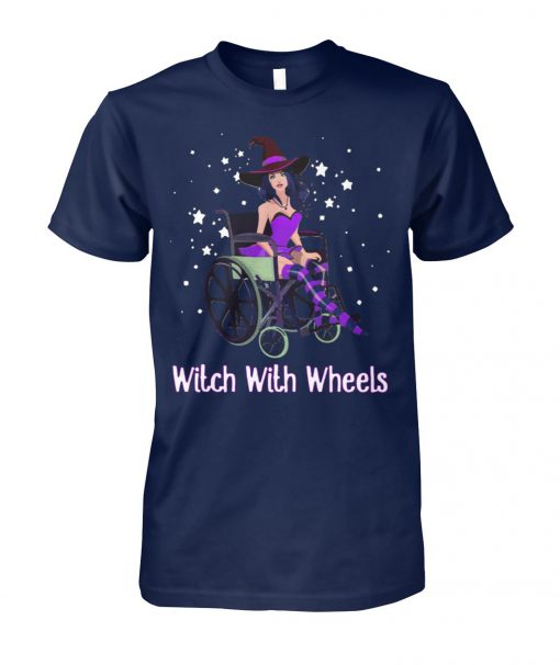 Halloween witch with wheels unisex cotton tee
