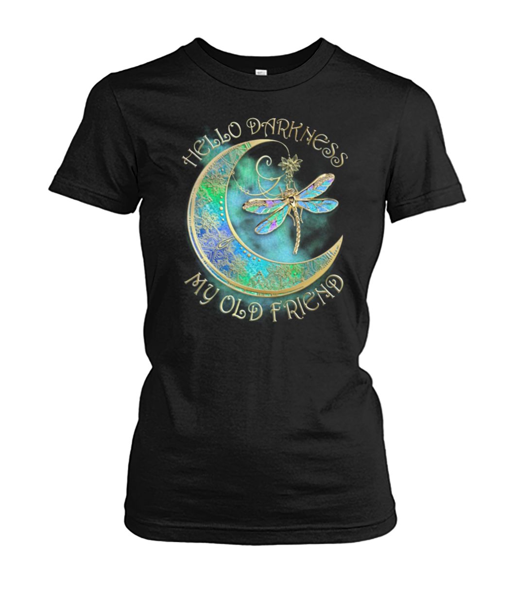 Hippie hello darkness my old friend moon and dragonfly women's crew tee