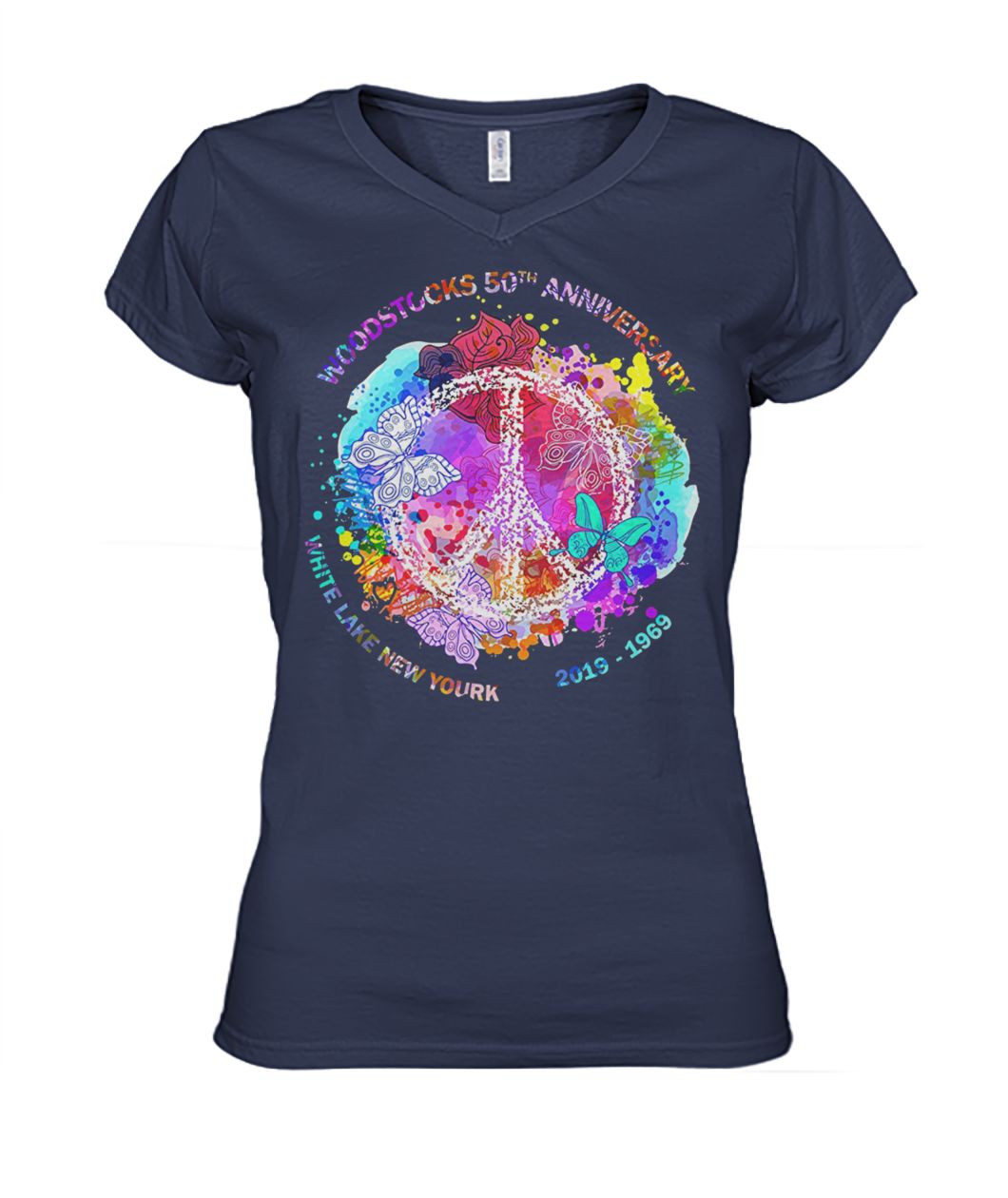 Hippie woodstock 50th anniversary 1969-2019 peace and love women's v-neck