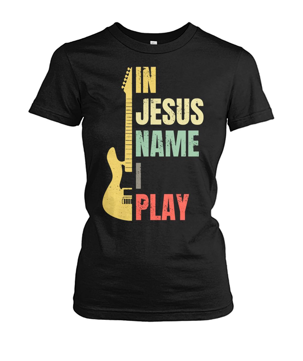 Vintage in Jesus name I play guitar women's crew tee