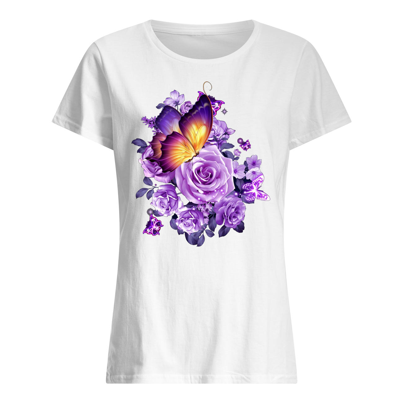 Butterfly purple flowers womens shirt