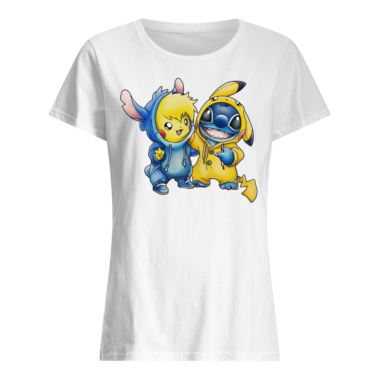 Cartoon movie baby pikachu and baby stitch womens shirt