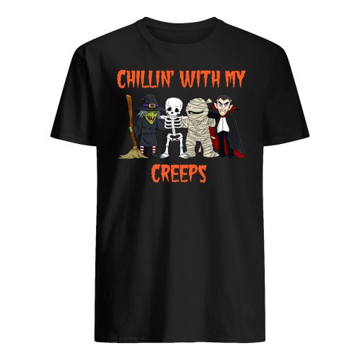 Chillin with my creeps witch skeleton mummy vampire halloween mens shirt