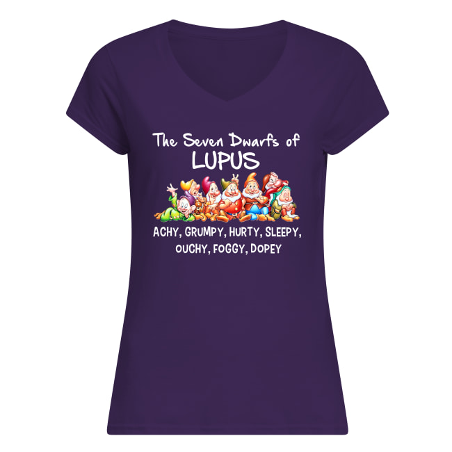 Disney cartoon the seven dwarfs of lupus achy grumpy hurty sleepy ouchy foggy dopey women's v-neck