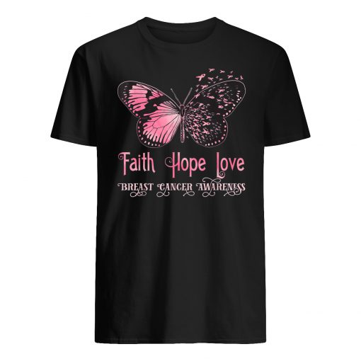 Faith hope love pink butterfly breast cancer awareness mens shirt