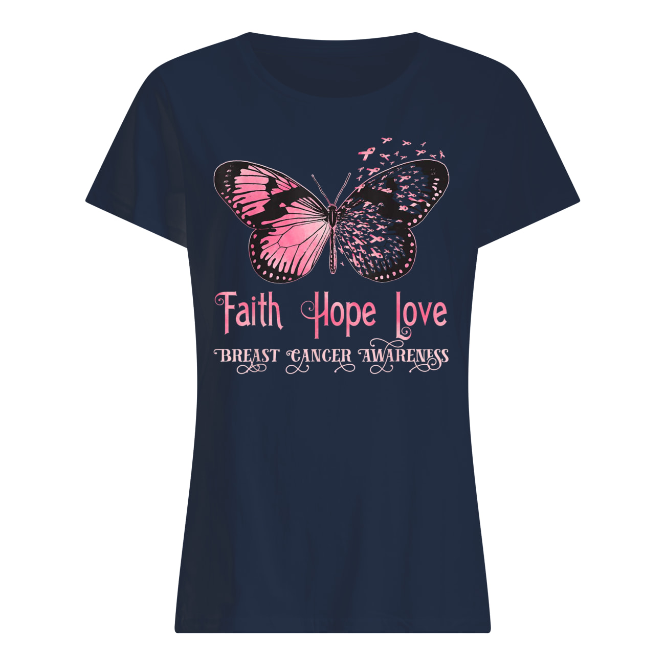 Faith hope love pink butterfly breast cancer awareness womens shirt