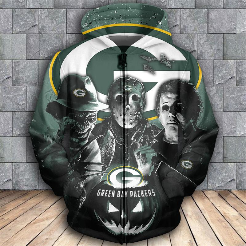 Green bay packers horror movie characters 3d zipper hoodie - size l
