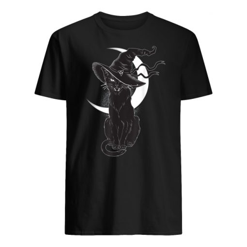 Halloween black cat costume witch hat and moon men's shirt