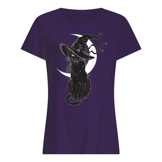 Halloween black cat costume witch hat and moon women's shirt