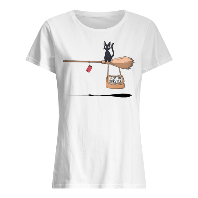 Halloween black cat on broomstick not in service women's shirt