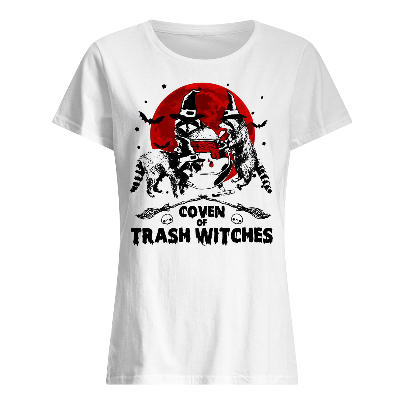 Halloween coven of trash witches raccoon womens shirt