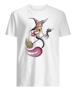 Halloween witch mermaid is riding a broom with her cat mens shirt