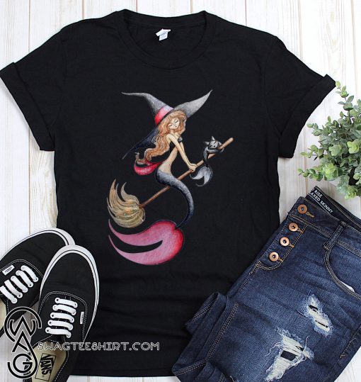 Halloween witch mermaid is riding a broom with her cat shirt