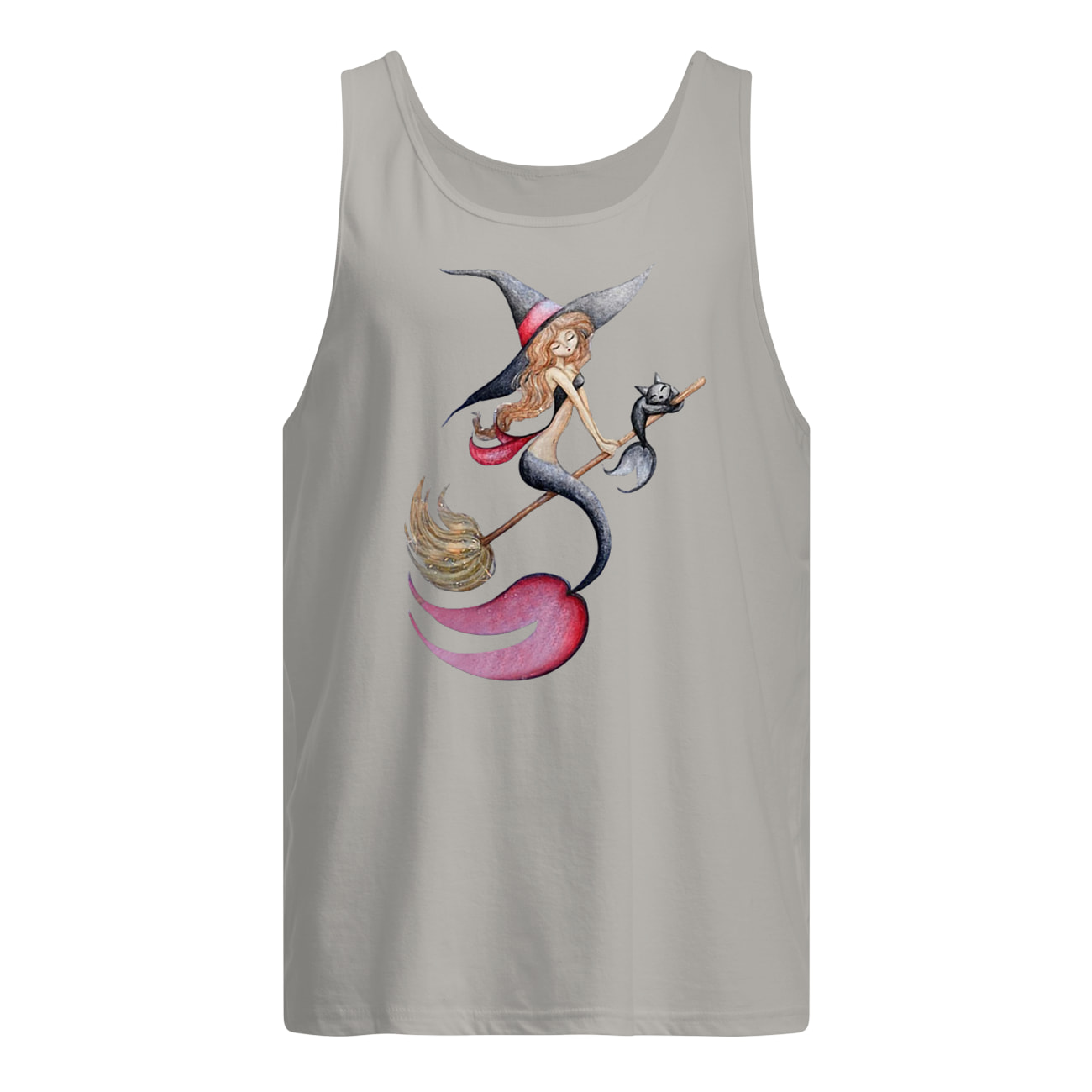 Halloween witch mermaid is riding a broom with her cat tank top