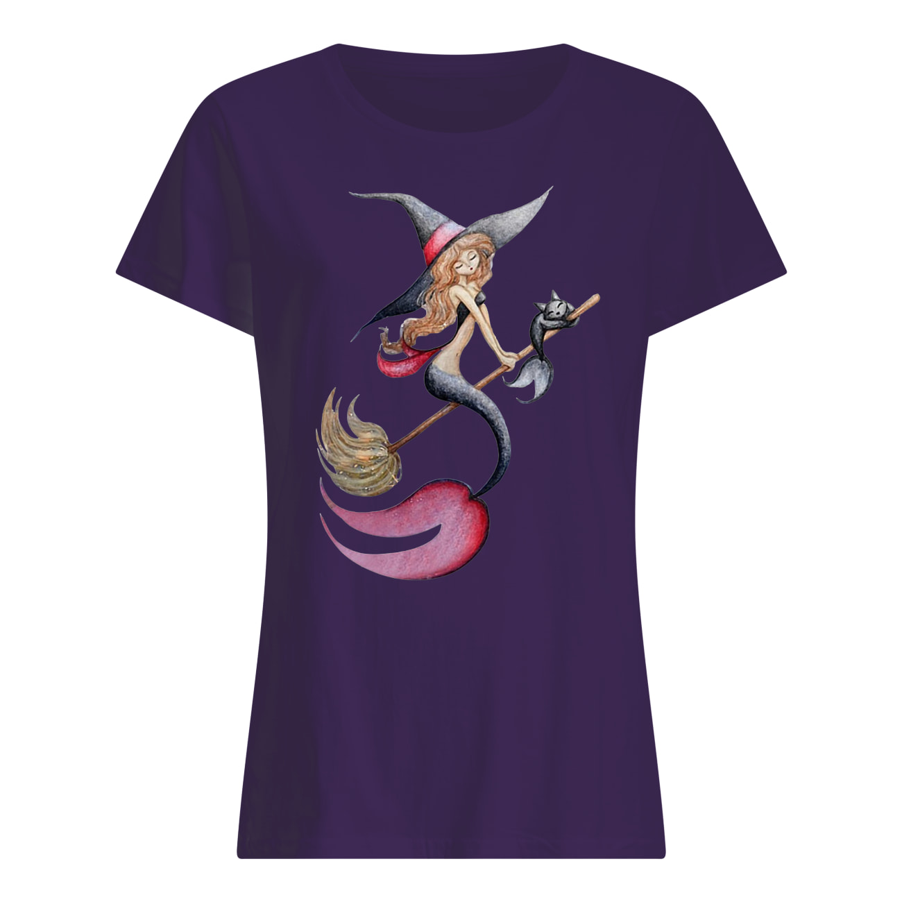 Halloween witch mermaid is riding a broom with her cat womens shirt