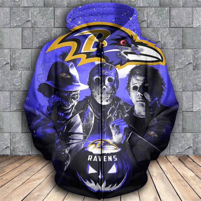 Horror movie characters baltimore ravens 3d zipper hoodie - size l