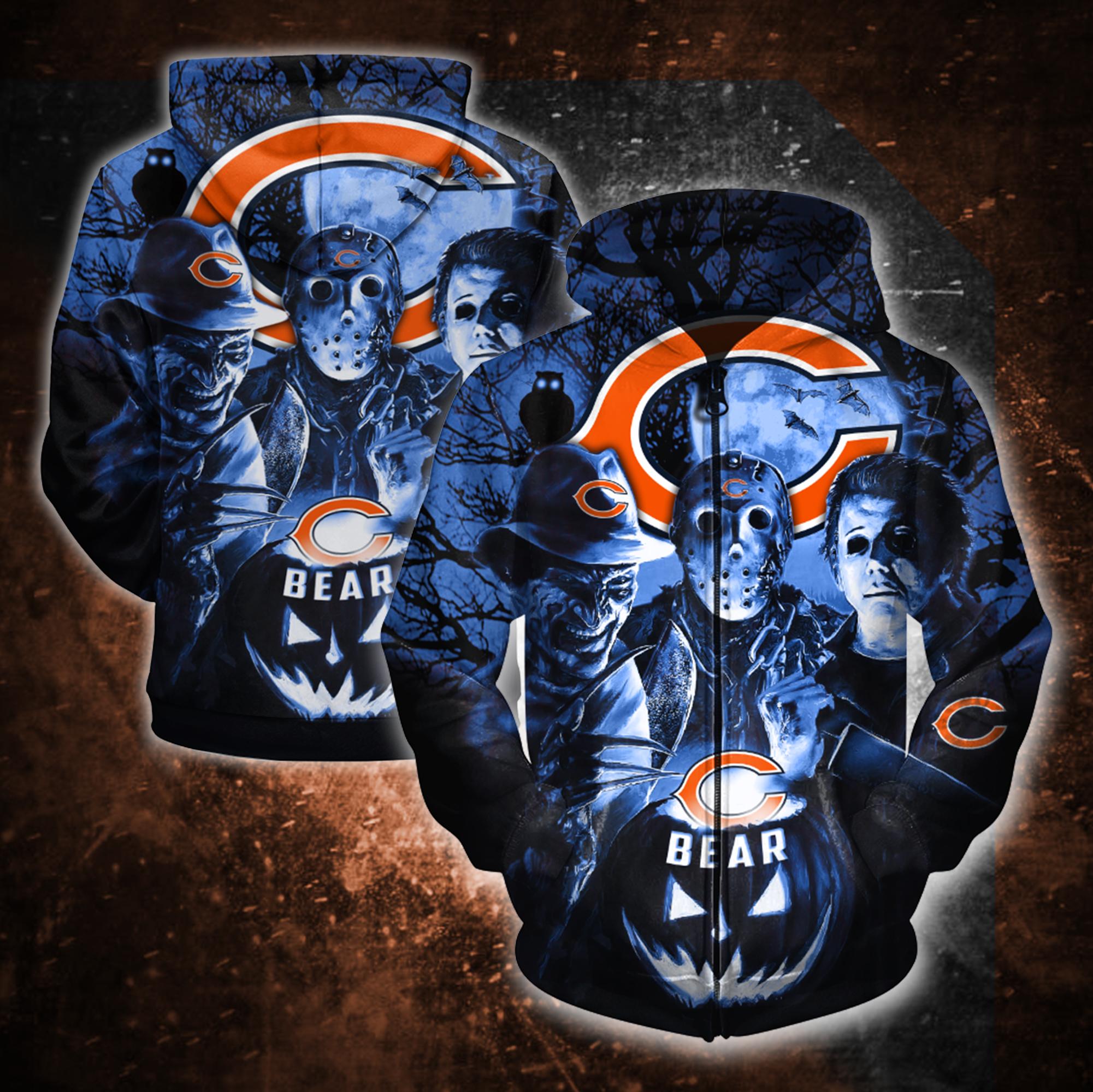 Horror movie characters chicago bears 3d zipper hoodie - size l