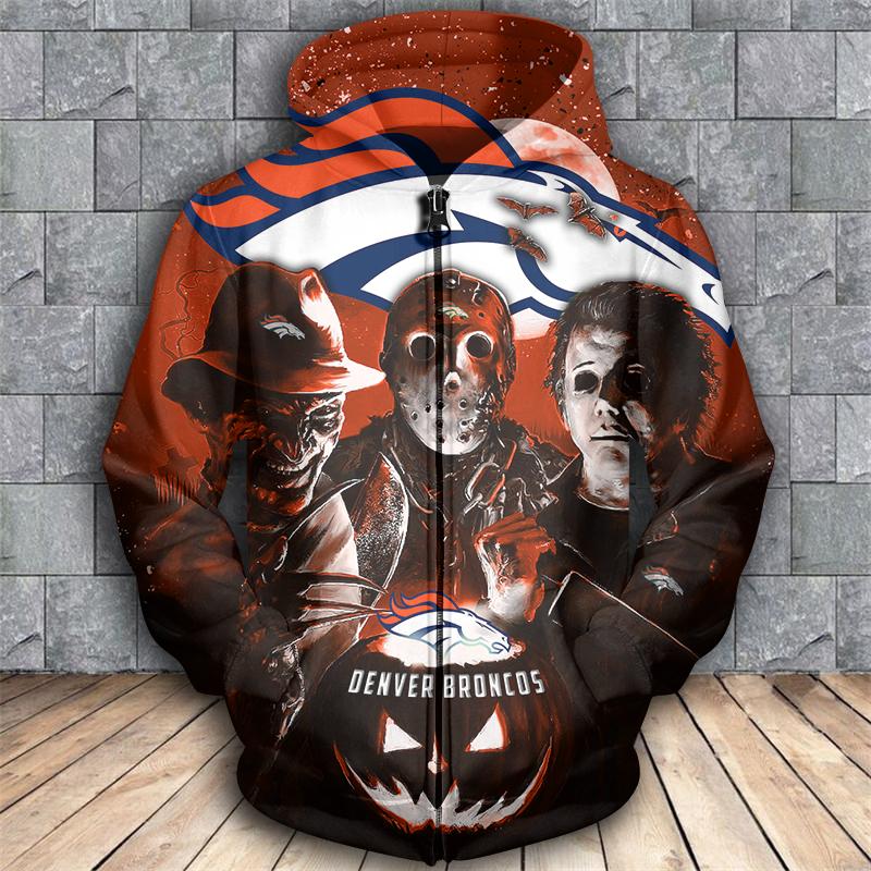 Horror movie characters denver broncos 3d zipper hoodie - size m