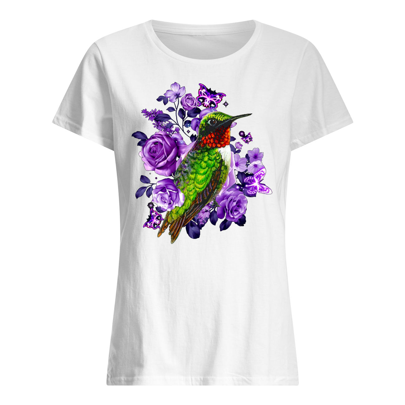 Hummingbird and purple rose flower womens shirt