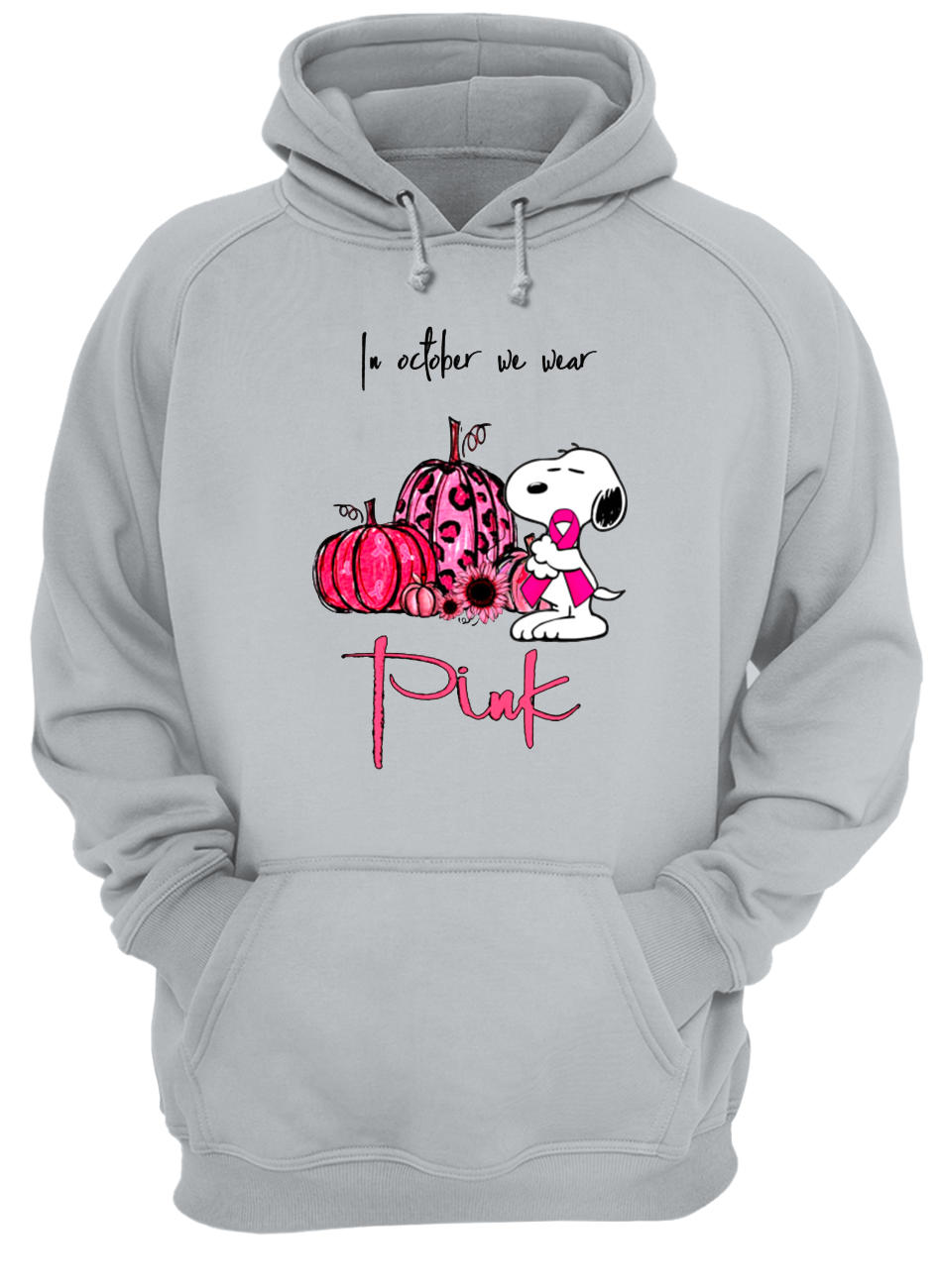 In october we wear pink snoopy pink pumpkin breast cancer awarenes hoodie