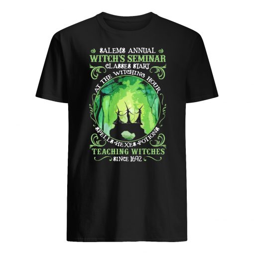 Salem annual witch seminar classes start at the witching hour spells hexes potions teaching witches sine 1692 mens shirt