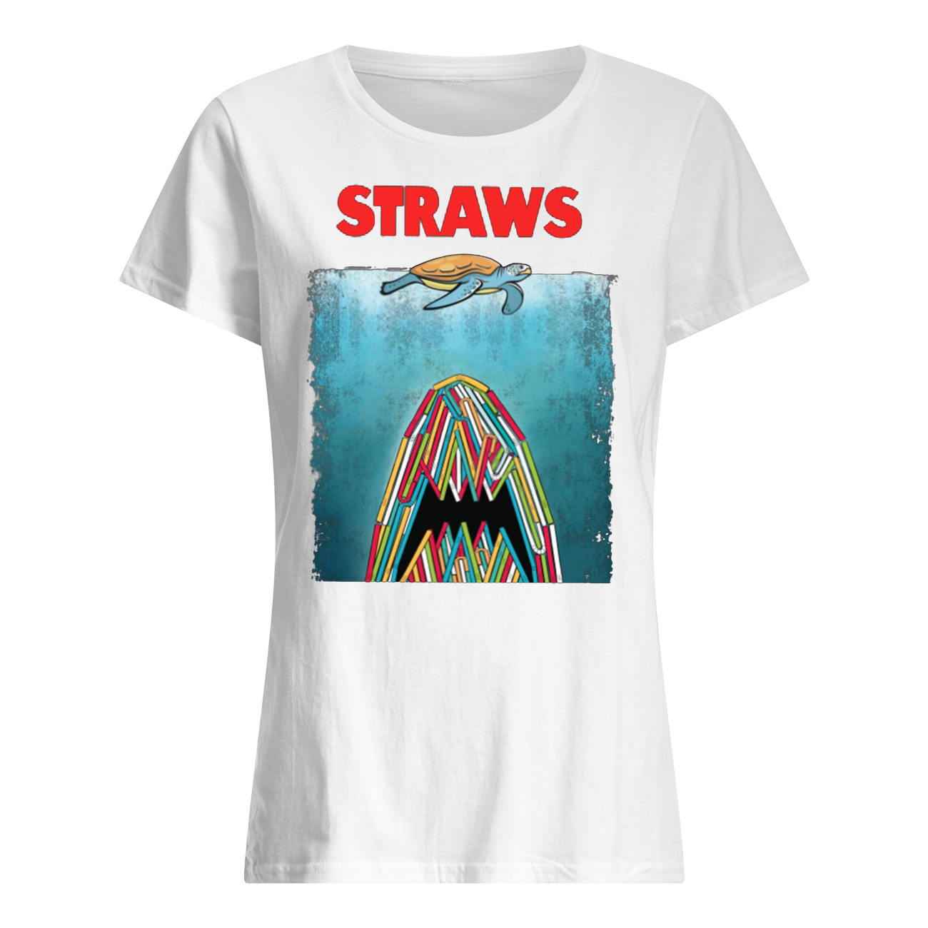 Shark plastic straws save the turtle women's shirt