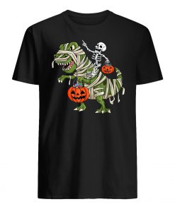 Skeleton riding t-rex halloween mens shirt