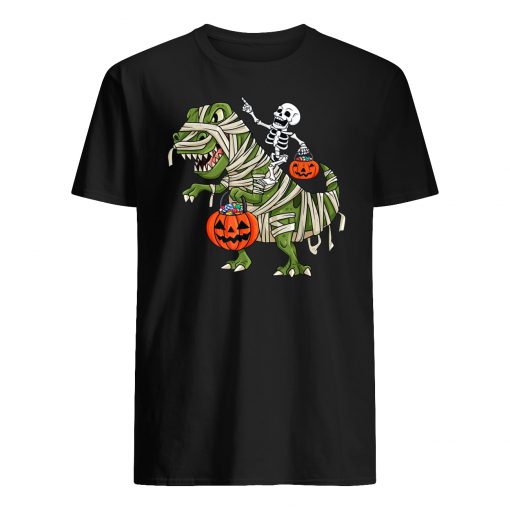 Skeleton riding t-rex halloween mens shirt