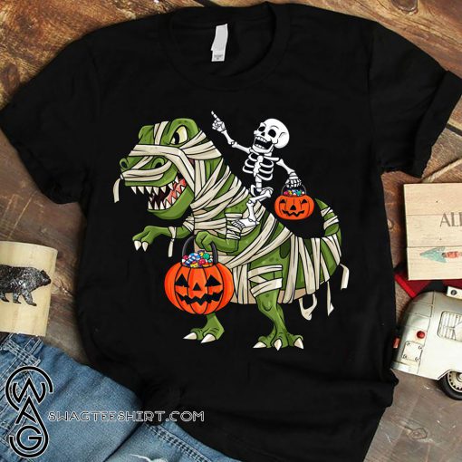 Skeleton riding t-rex halloween shirt
