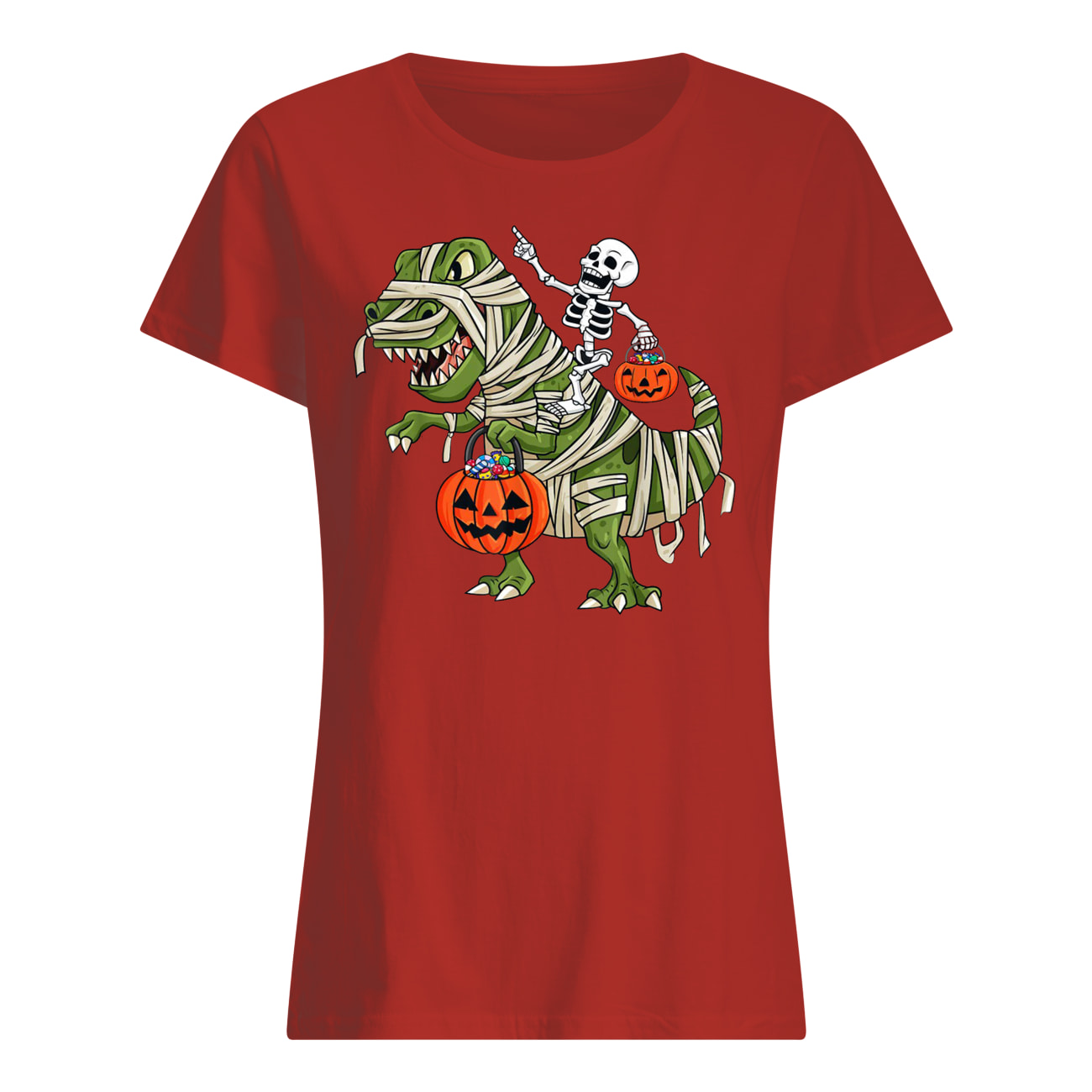 Skeleton riding t-rex halloween womens shirt