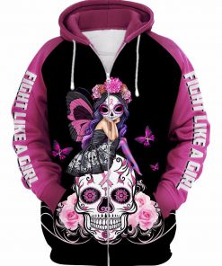 Skull pink warrior fight like a girl breast cancer awareness 3d zip-up hoodie